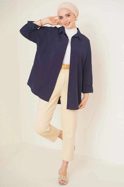 Γυναικείο Hijab Navy Blue Φαρδύ Μακρύ Βασικό Πουκάμισο HZL24W-BD 139001