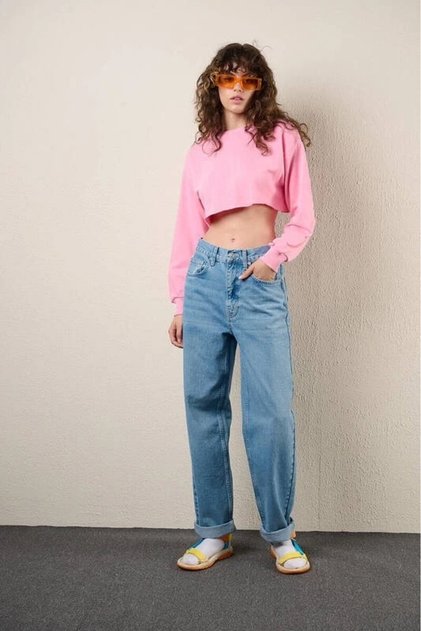 Pink Crew Neck Long Sleeve Crop Sweatshirt - Hzl24W-Zk11351