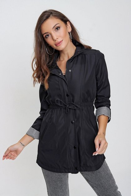 Women's Black Pocket Detailed Gathered Waist Lined Trench Coat Hzl22W-Bd156691