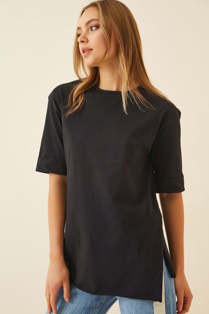 Women's Black Crew Neck Side Slit Sleeve Layered Oversize Knitted T-shirt Hzl22s-bd143251