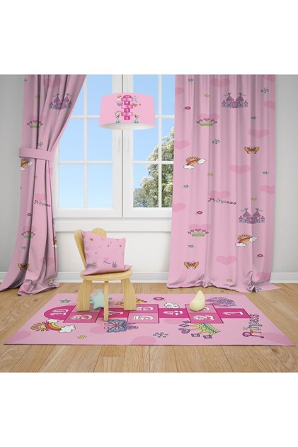 Pink Princess Patterned Children's and Baby's Room Background Curtain 2 Wings Tla-226