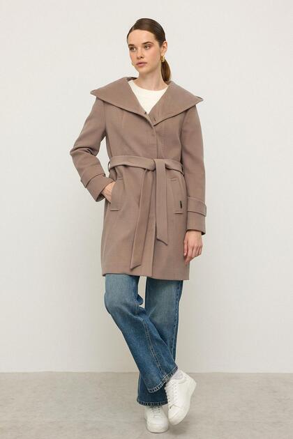 Hooded Punto Stitch Detailed Coat Mink 3102