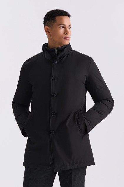 Siyah Regular Fit Gömlek Yaka Düğmeli Mont