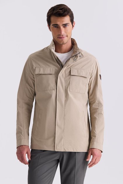 Beige Comfort Fit Stand Collar Seasonal Sports Coat