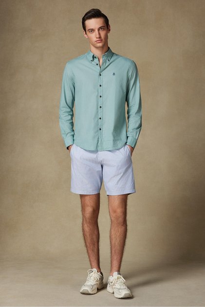 Sky Oxford Stretch Cotton Blend Comfort Fit Dark Blue Men's Striped Shorts