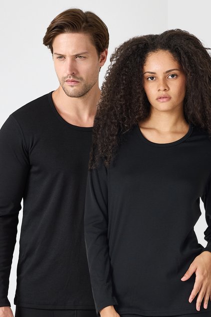 Unisex Black Open Collar Long Sleeve Economic Thermal Underwear 343
