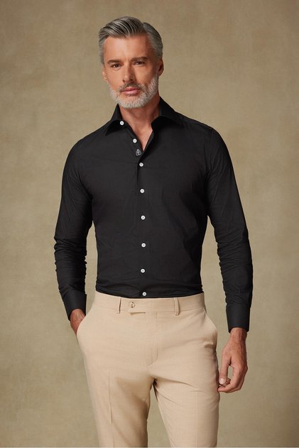 Sartoria Poplin Stretch Pamuk Karışımlı Slim Fit Siyah İtalyan Yaka Erkek Düz Gömlek Hediye Kutulu