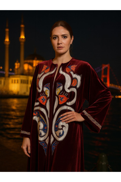 Kış Kadife Abaya Müslüman Elbise Kaftan Ferace , Bisht 38-44 Bedene Uygundur