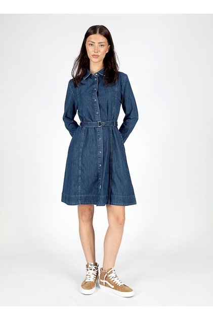 Klasik Yaka Düz Mavi Standart Kadın Elbise 251 LCF 144003 COTE DENIM