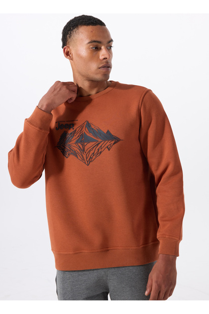 Jeep Kiremit Erkek Bisiklet Yaka Relaxed Baskılı Sweatshirt C4WM
