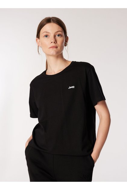 Jeep Siyah Kadın Bisiklet Yaka Relaxed Fit Baskılı Pamuk T-Shirt