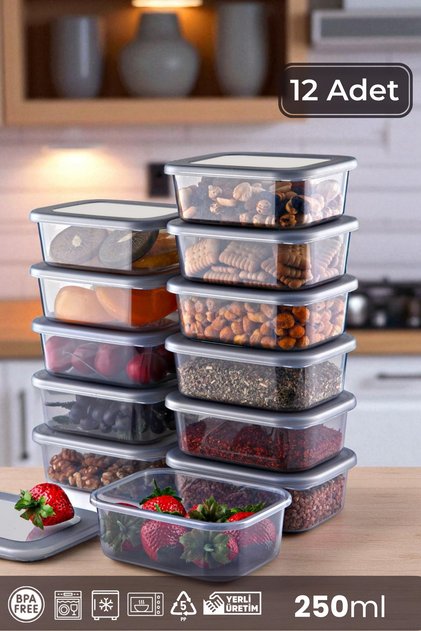 12 Adet 250 ml Buzdolabı Buzluk Dondurucu Düzenleyici Saklama Kabı Seti