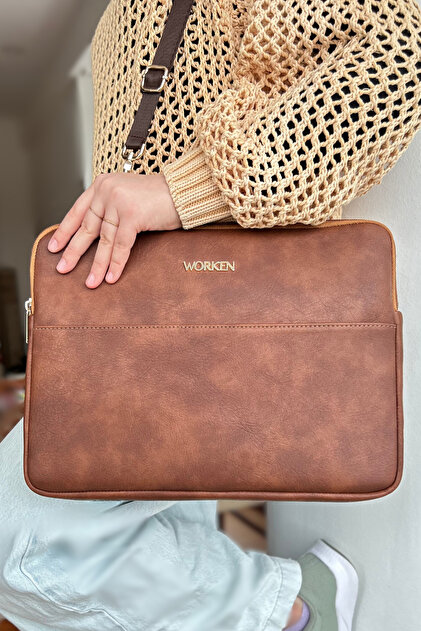 worken 13-14 inç, Vegan deri, Fermuarlı Cepli, Tablet Çanta Coffee