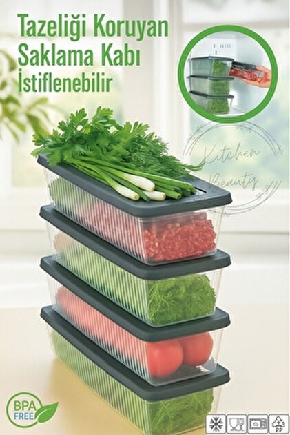 İndirimKap 4'Lü Set Yeşillik Saklama Kabı Buzdolabı Organizer
