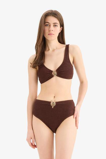 Regular Fit Wrinkled Textured Brown Bikini Bottom E0209Ax25Sm