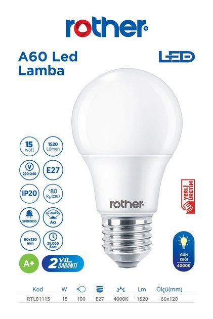 RTL01115 A60 LED Ampul 15W E27 1520 Lümen 4000K Gün Işığı - Enerji Tasarruflu Ampul