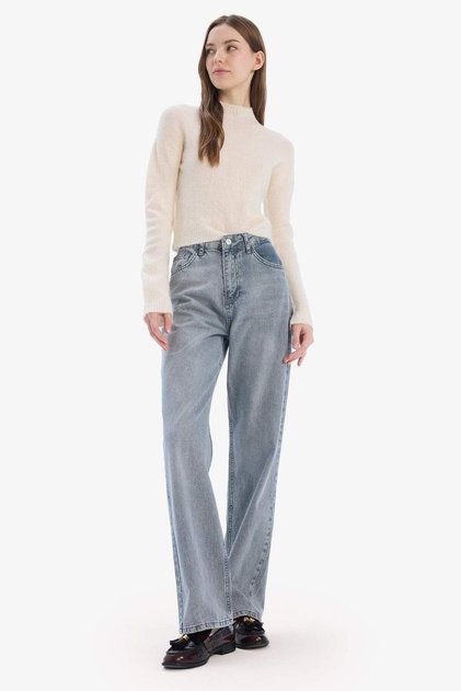 100% Cotton Straight Wide High Waist Long Washed Jeans E3185Ax25Sp