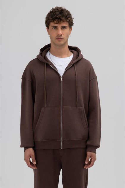 Zippered Brown Unisex Oversize Hoodie Hooded Sweatshirt