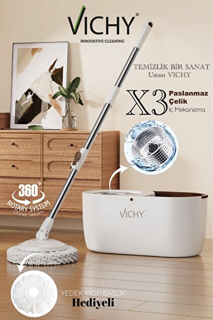 Vichy 360° Döner Mop Temizlik Seti | Kolay Sıkma Kova, Mikrofiber