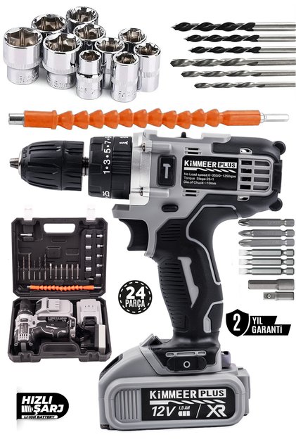 12v 1.5 Ah Metal Şanzıman Çift Akülü Şarjlı 24 Parça Akülü darbeli Vidalama Matkap