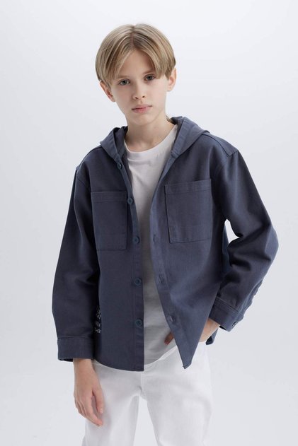 Boy's Oversize Wide Fit Hooded Gabardine Long Sleeve Shirt D3194A825Sp