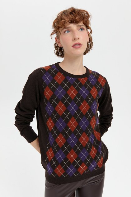 Women's Crew Neck Front Diamond Patterned Wool Sweater Dark Brown