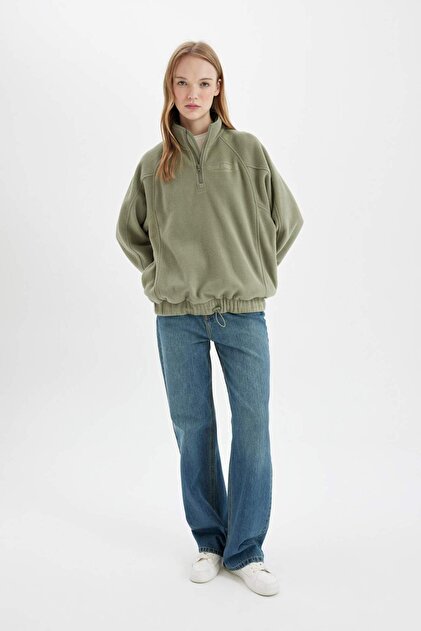 Defacto Regular Fit Fermuarlı Dik Yaka Baskılı Polar Sweatshirt