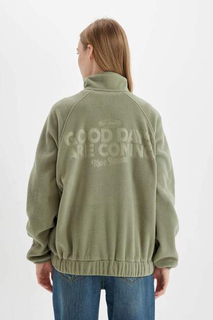 co♩ Defacto Regular Fit Fermuarlı Dik Yaka Baskılı Polar Sweatshirt