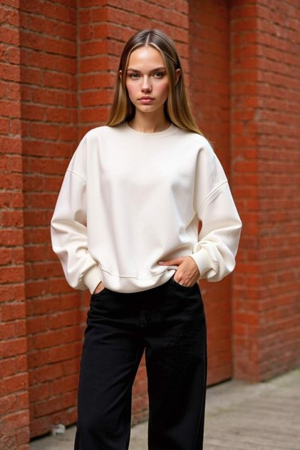Oversize Geniş Kalıp Bisiklet Yaka Basic Düz Kalın Sweatshirt D9022AXNS