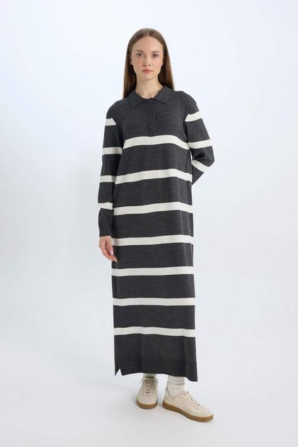 Regular Fit Polo Neck Buttoned Striped Long Sleeve Maxi Knit Dress D6523Axns