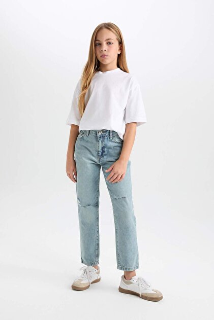 Defacto Kız Çocuk Okul Mom Fit Yırtık Detaylı Dar Paça Jean