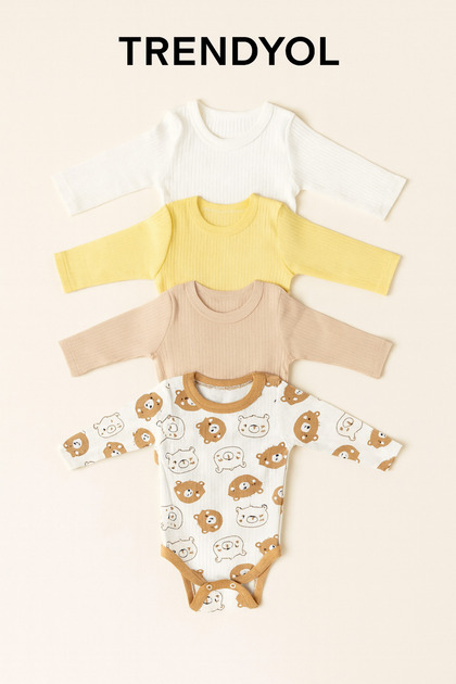 Newborn Baby Long Sleeve Snap Fastener Cotton 4-Piece Bodysuit Set