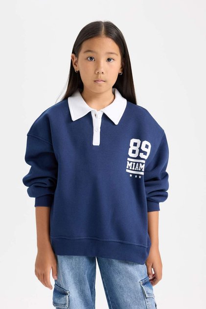 Girls Oversize Wide Fit Polo Neck Printed Soft Furry Inside Sweatshirt D3497A824Wn