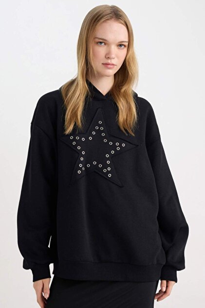 Defacto Coool Oversize Geniş Kalıp Yıldızlı Kalın Siyah Sweatshirt