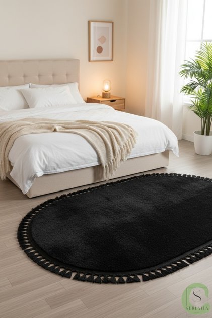 KAYMAZ TABAN SİYAH POST/PELUŞ PONPON SAÇAKLI MODERN OTURMA ODASI SALON MUTFAK ÇOCUK ODASI HALISI