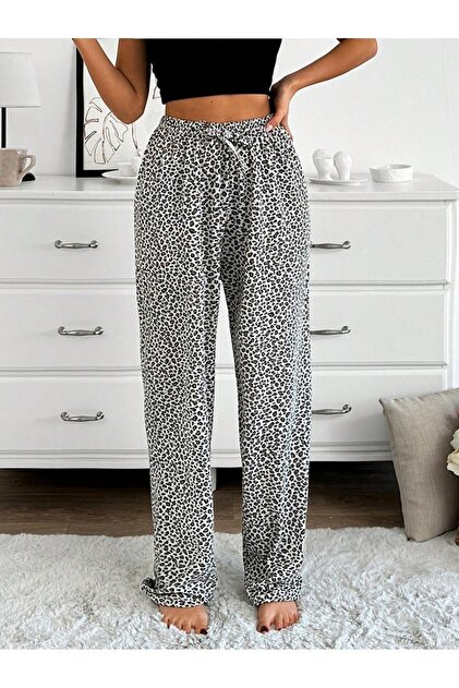 Cotton Thin Breathable Fabric Ribbon Waist Detailed Printed Pocketless Women's Pajama Bottoms