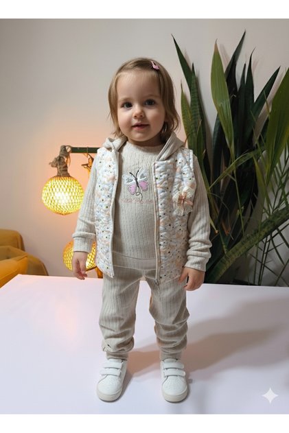 Eid Baby Girl Butterfly Patterned Three-Piece Set (Snap Fastener Sweatshirt + Lace Hoodies + Vest Pants)