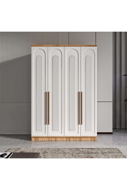 4 Kapaklı Komple MDF Desenli Beyaz Gardırop Yatak Odası Dolabı - Elbise Dolabı