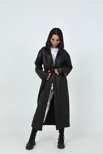 Hello Stranger Siyah Deri Uzun Matrix Pardösü Trençkot - Fiyatı