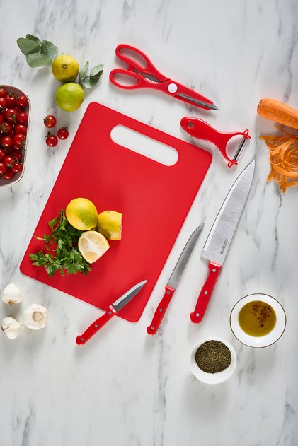 Sharp 6 Parça Kesme Tahtalı, Makaslı Bıçak Seti Kırmızı