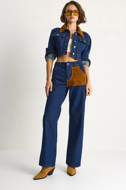 Women's Navy Blue Velvet Collar Jacket Color Block Wide Leg Trousers Denim Suit 6087 60283532