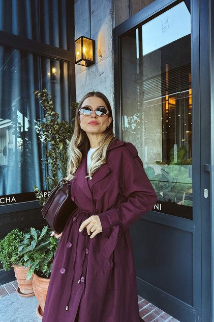 Burgundy Front Gathered Buttoned Lined Maxi Trench Coat