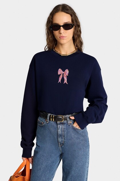 Women's Oversize Sweatshirt with Ribbon Print in Navy Blue – Crew Neck, 3 Thread Ribbons