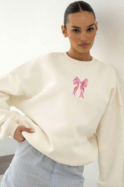 Women's Oversize Sweatshirt with Ribbon Print in White – Crew Neck, 3 Thread Ribs