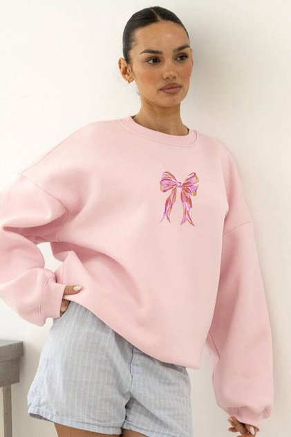 Women's Oversize Sweatshirt with Ribbon Print in Pink – Crew Neck, 3 Thread Ribbons