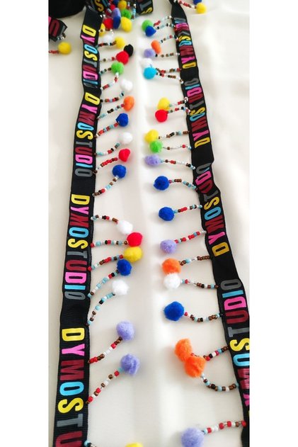 Colorful Bead Embroidered Pompom Fringe Ribbon on Black Grosgrain