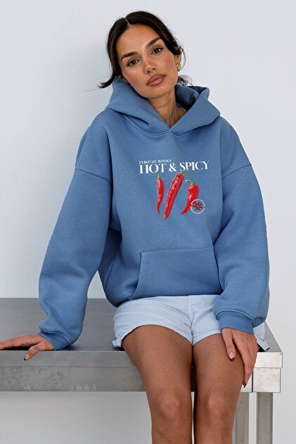 Kadın Oversize Sweatshirt Hoodie Hot & Spicy Baskılı Marine – Kapüşonlu, Kanguru Cep, 3 İplik