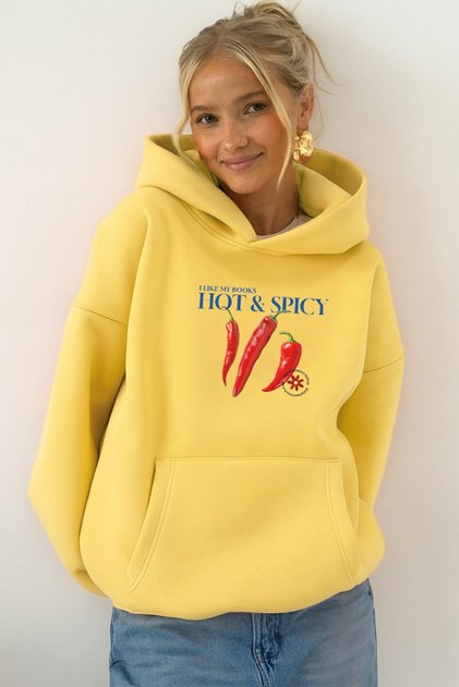 Kadın Oversize Sweatshirt Hoodie Hot & Spicy Baskılı Sarı – Kapüşonlu, Kanguru Cep, 3 İplik Şardonlu