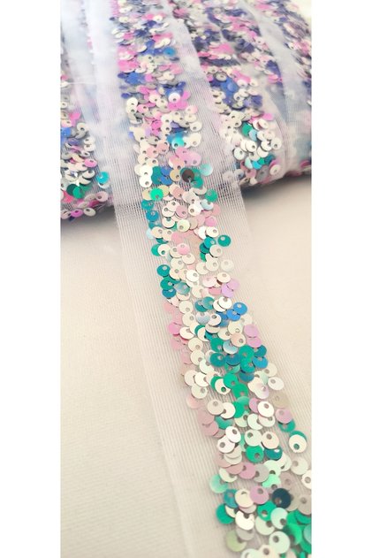 Colorful Paillets Sequins Ribbon on White Tulle