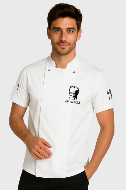 Atatürk Embroidered Short Sleeve White Chef Jacket with Name Gift Chef Clothes Chef Shirt Chef Jacket